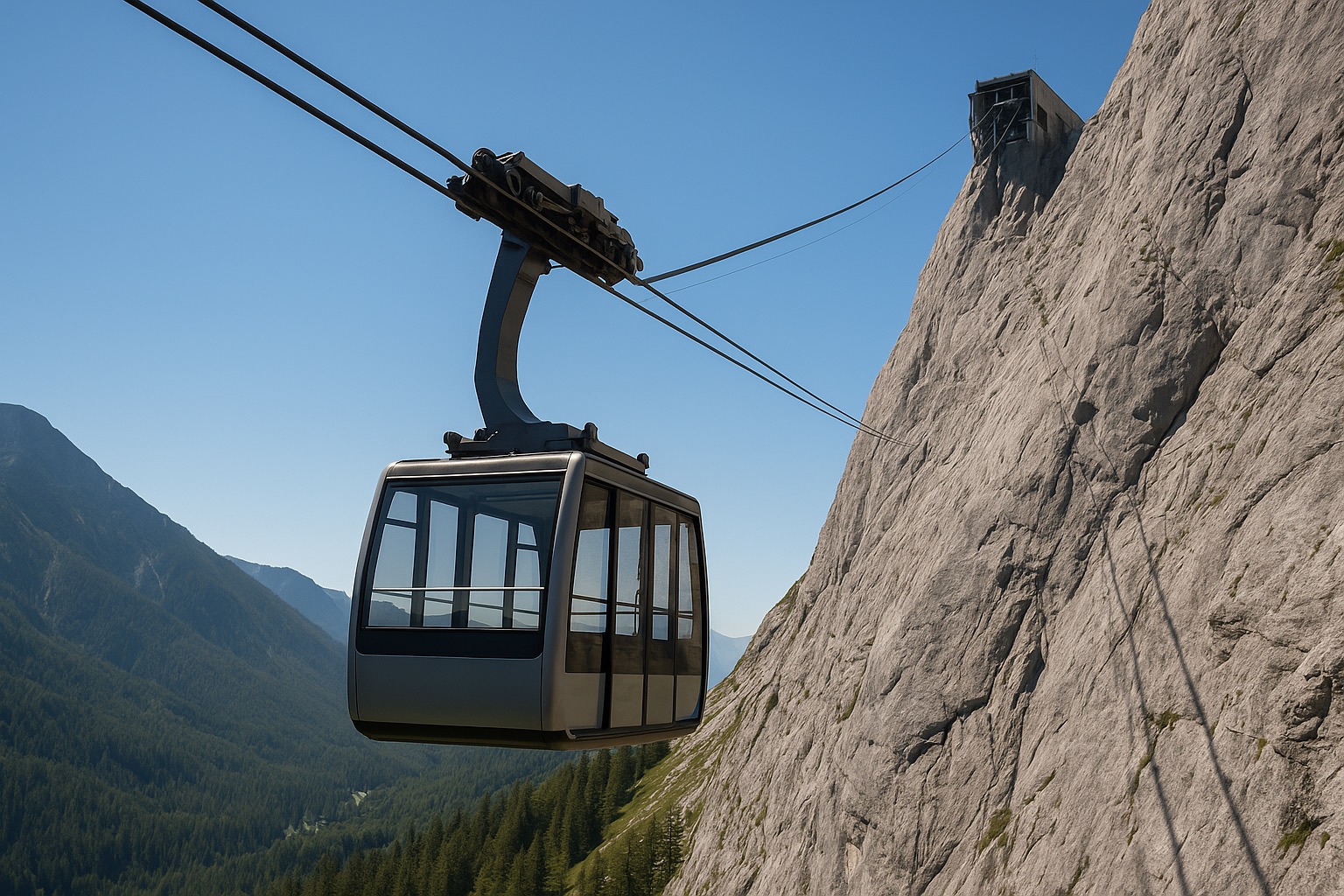 Cable car cabin climbing the free-span cable toward the Zugspitze summit station