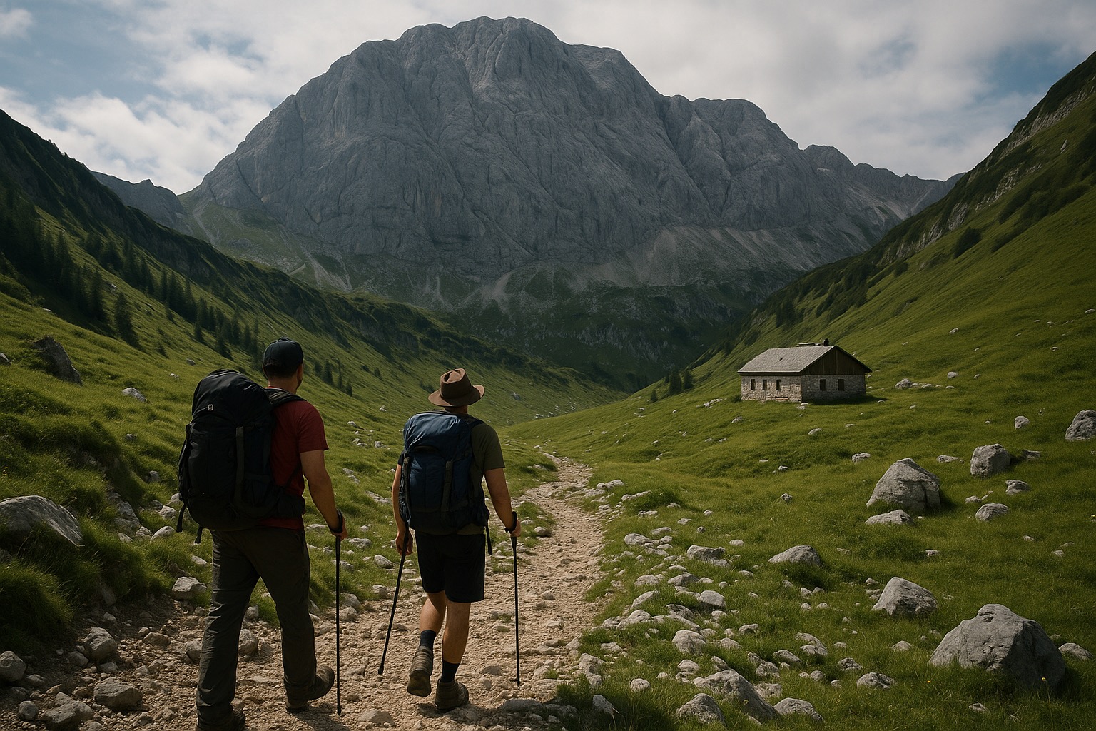 Hikers on the Reintal valley trail below the Zugspitze massif