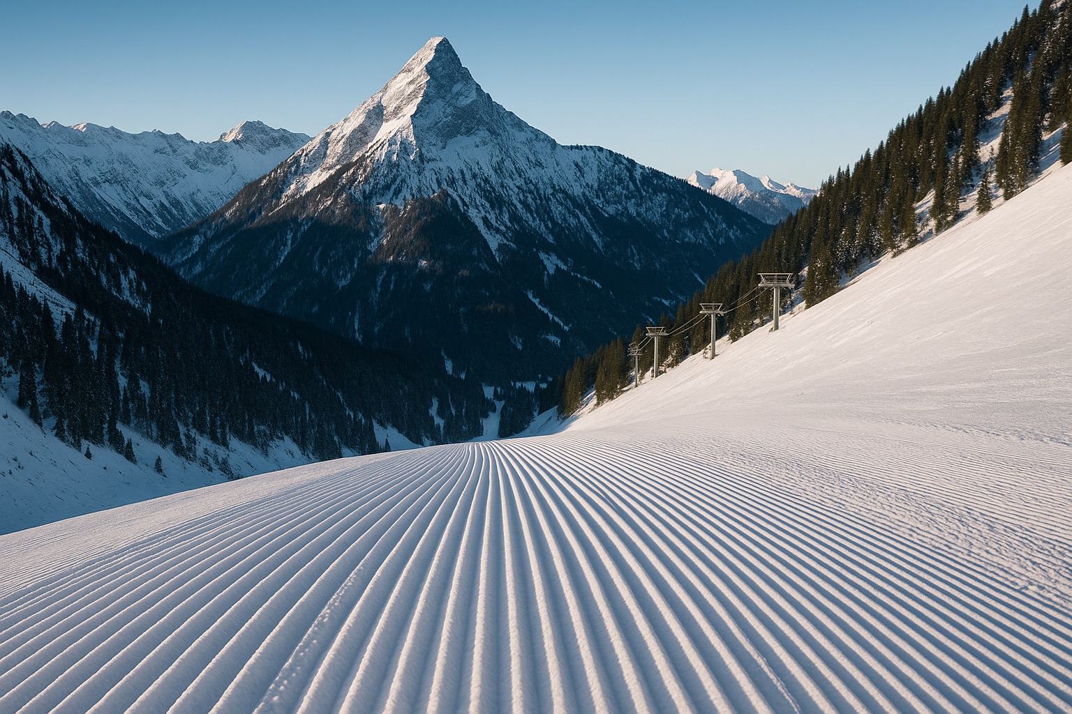 Groomed piste on the Kandahar run with the Alpspitze peak behind