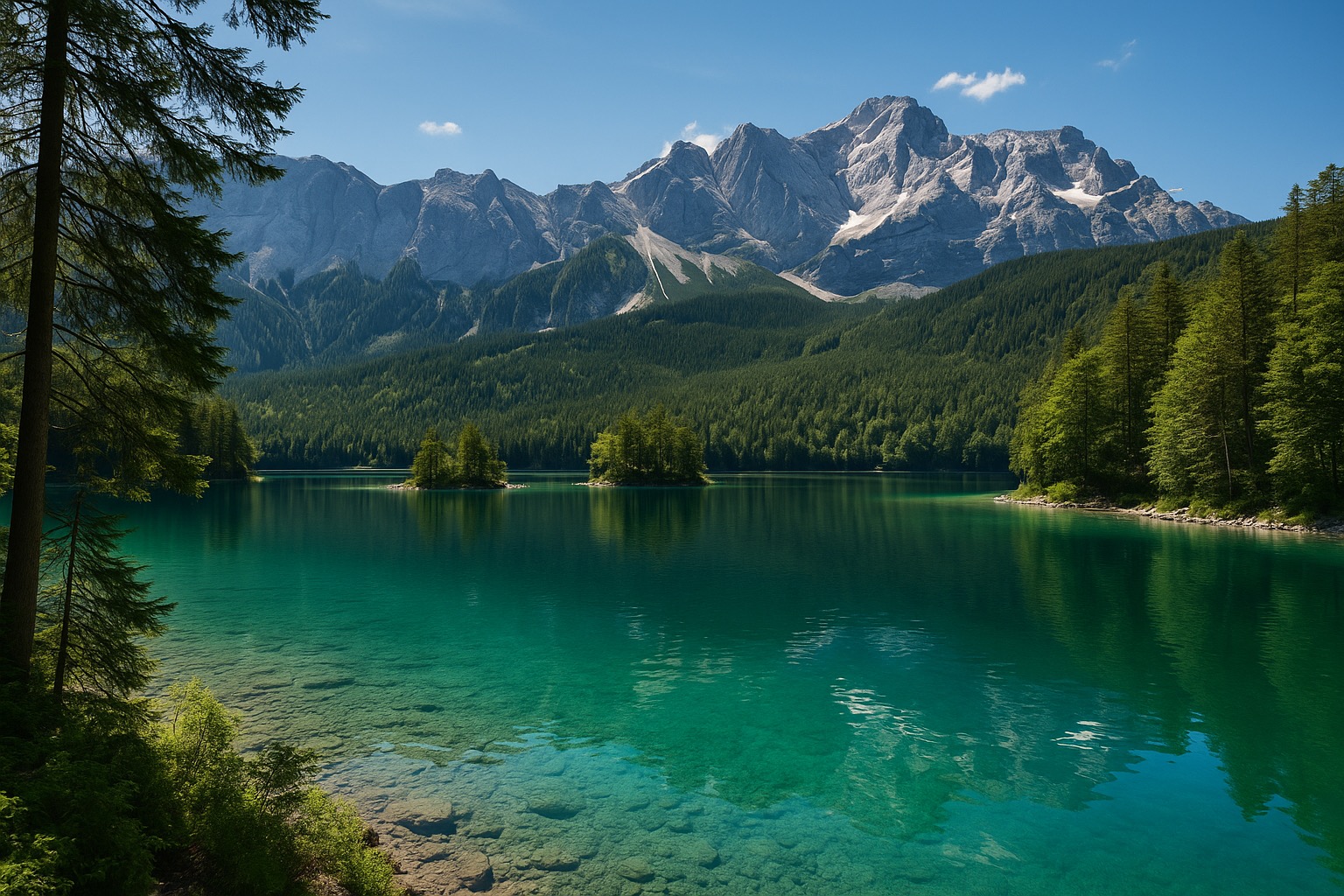 Turquoise Eibsee lake with the Zugspitze visible behind forested islands