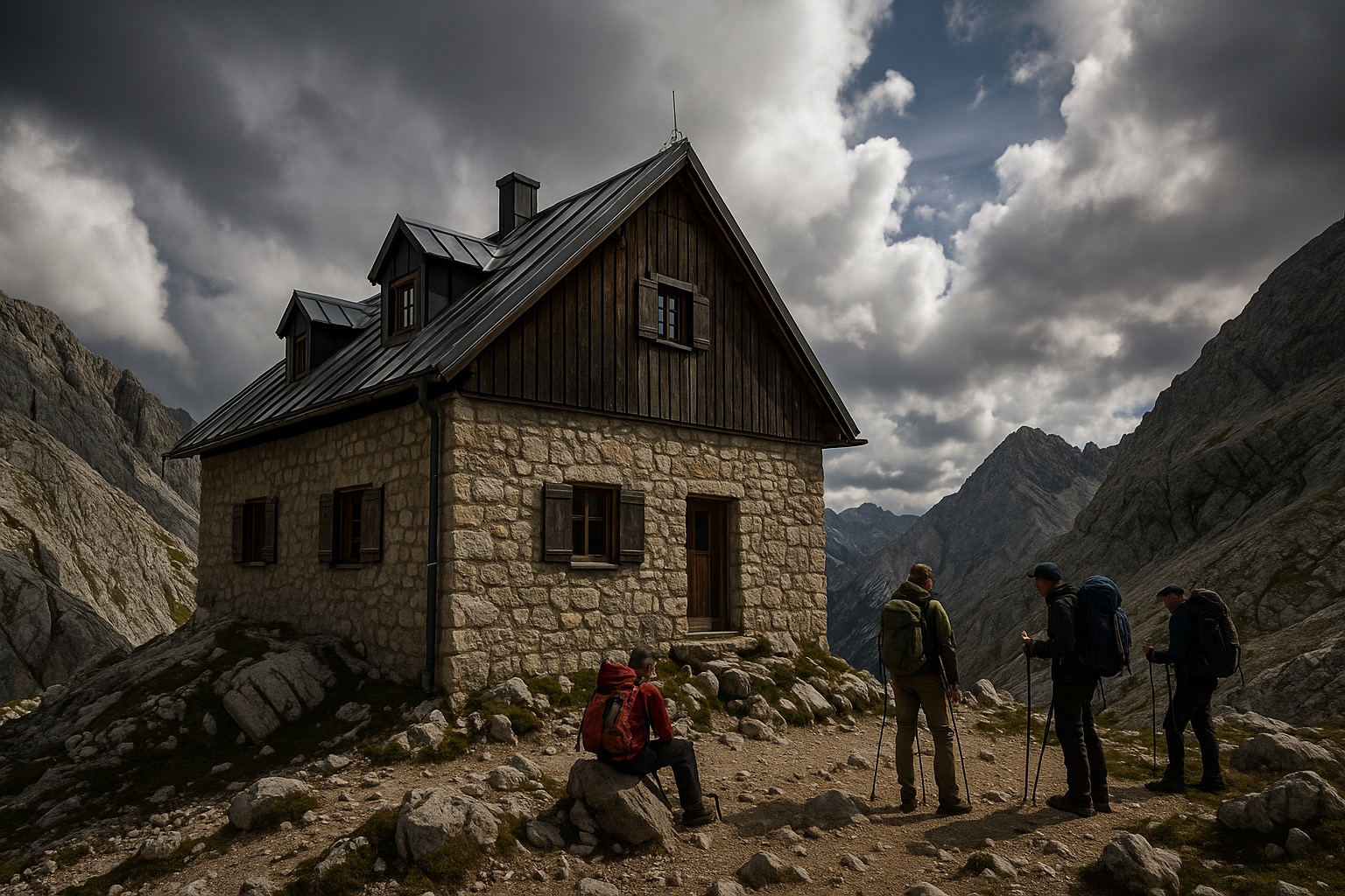 Stone-and-timber Alpenverein mountain hut exterior high on the Wetterstein massif