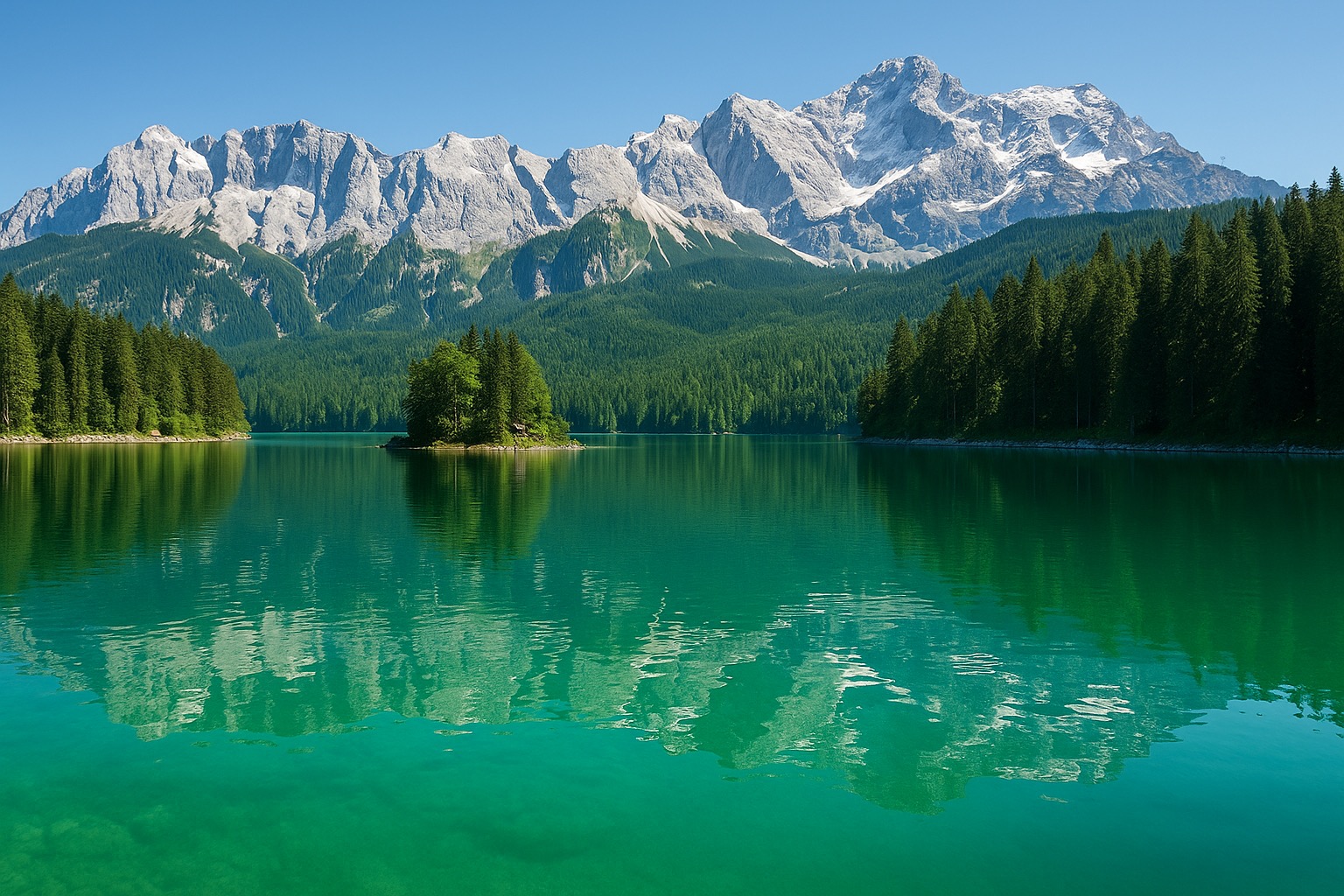 Turquoise Eibsee shoreline with a small forested island and the Zugspitze in the distance