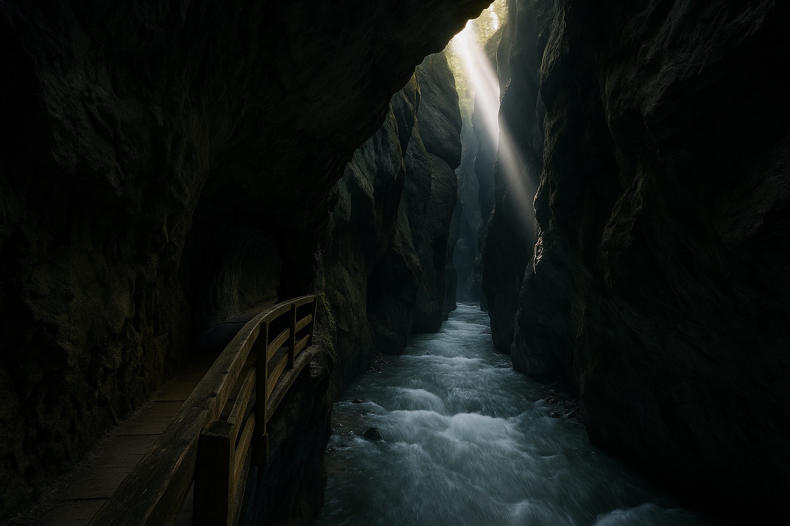 Wooden walkway carved into the Partnachklamm gorge wall above rushing meltwater
