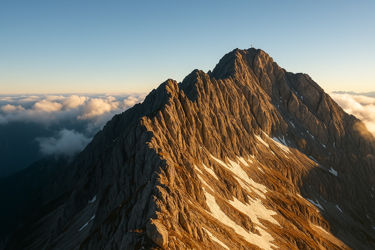Zugspitze summit ridge and glacier plateau above the clouds, Wetterstein Alps