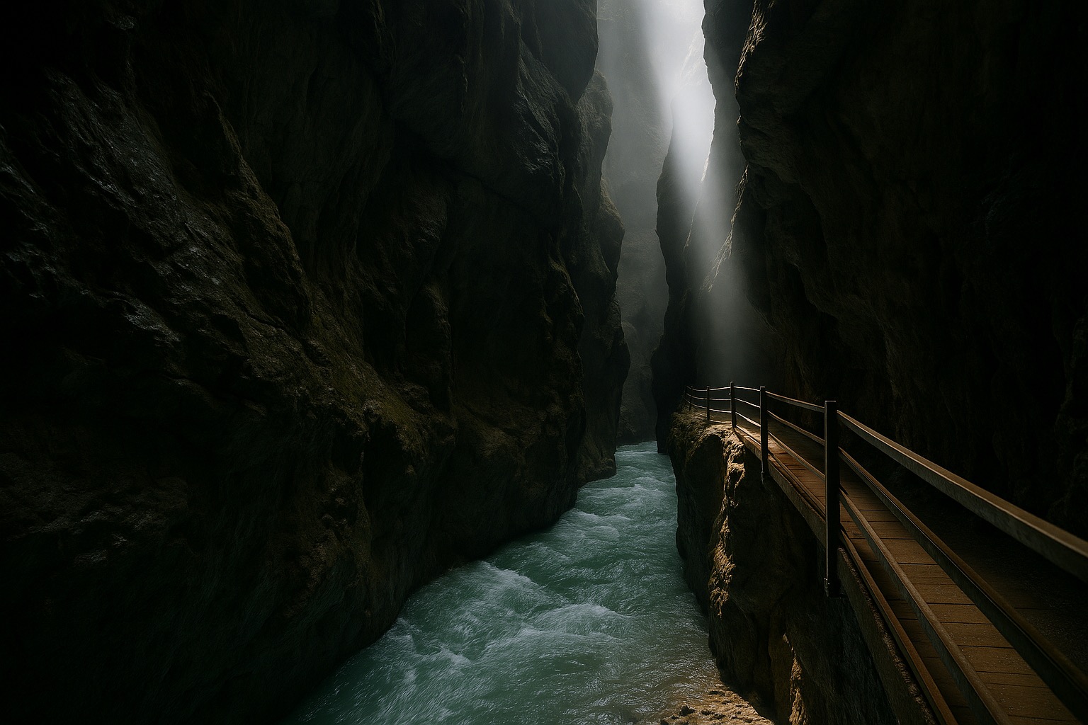 Wooden walkway carved into the rock wall of the Partnachklamm gorge above rushing meltwater