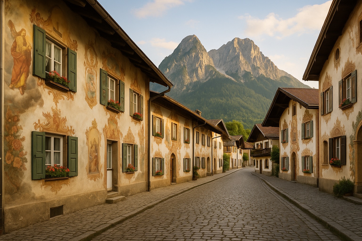 Painted Lüftlmalerei house facades along Partenkirchen's historic old town street
