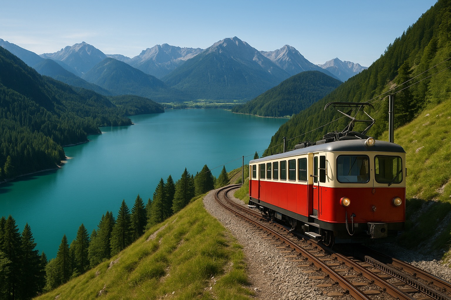 Zugspitzbahn cogwheel railway carriage on the mountainside track above the Eibsee